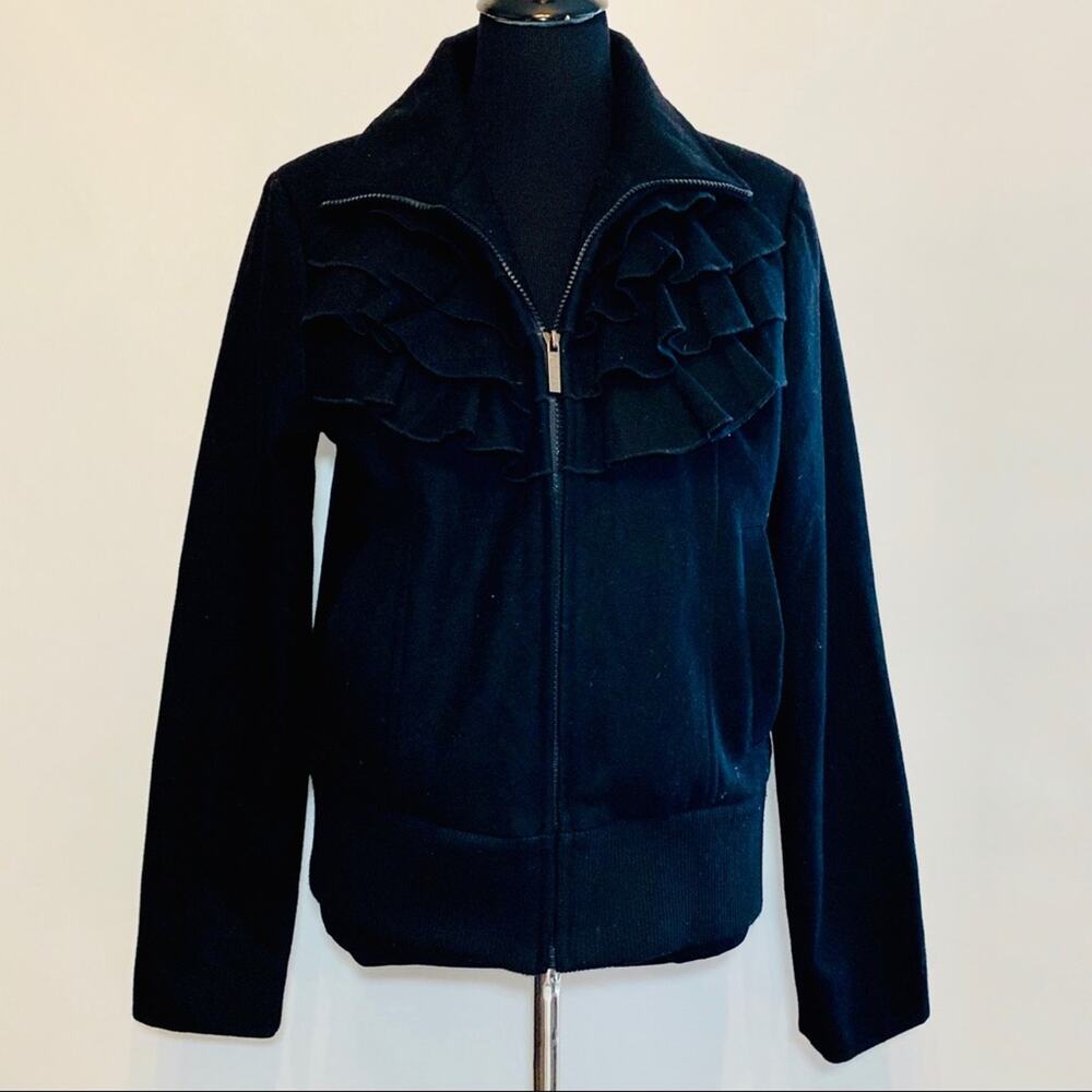 Steve Madden black ruffle front wool blend full zip up coat size Large